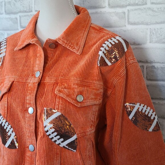 Orange Cropped Corduroy Jacket Football Sequin Raw Hem School Collegiate NEW Lg - Picture 2 of 10